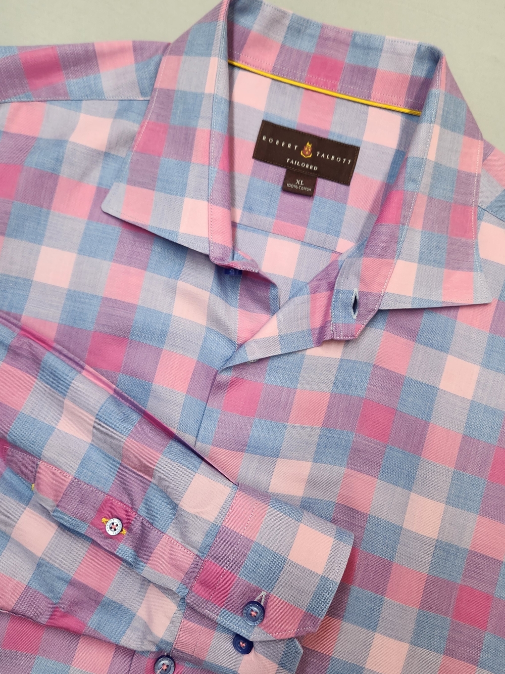 Robert Talbott Tailored Mens XL Dress Shirt Pink Blue Plaid Cotton Spread Collar